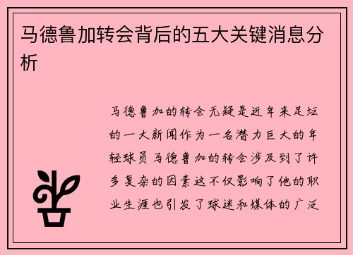 马德鲁加转会背后的五大关键消息分析